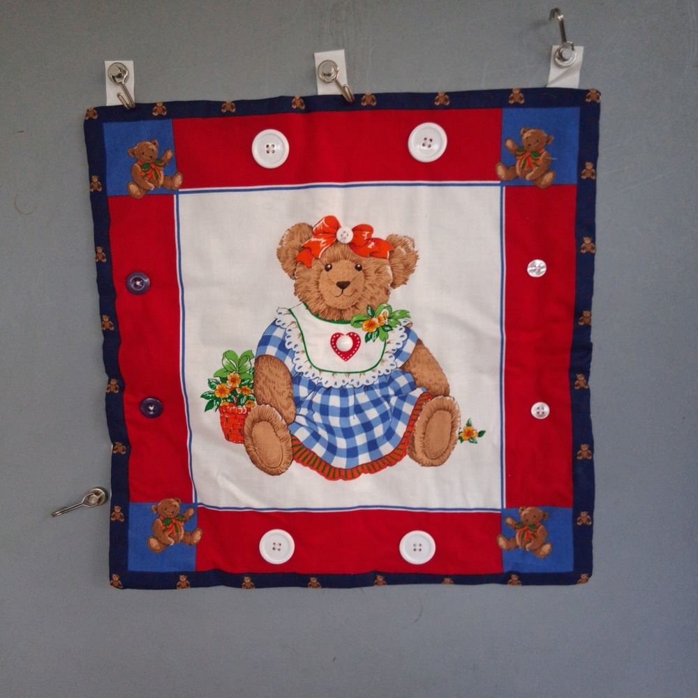 Vintage Teddy Bear Gingham Fabric Wall Hanging Pillow Panel Red Blue 15x15